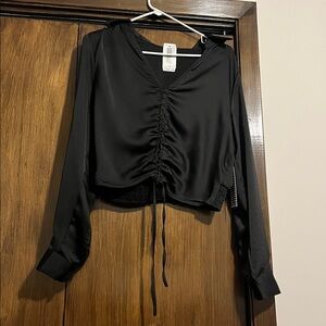 Rusched Collared Black Satin Blouse